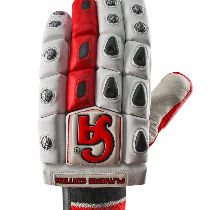 CA Player Edition Cricket Batting Gloves - Right Hand with ergonomic design, fiber protection for knuckles, and premium sheep leather for comfort and durability.