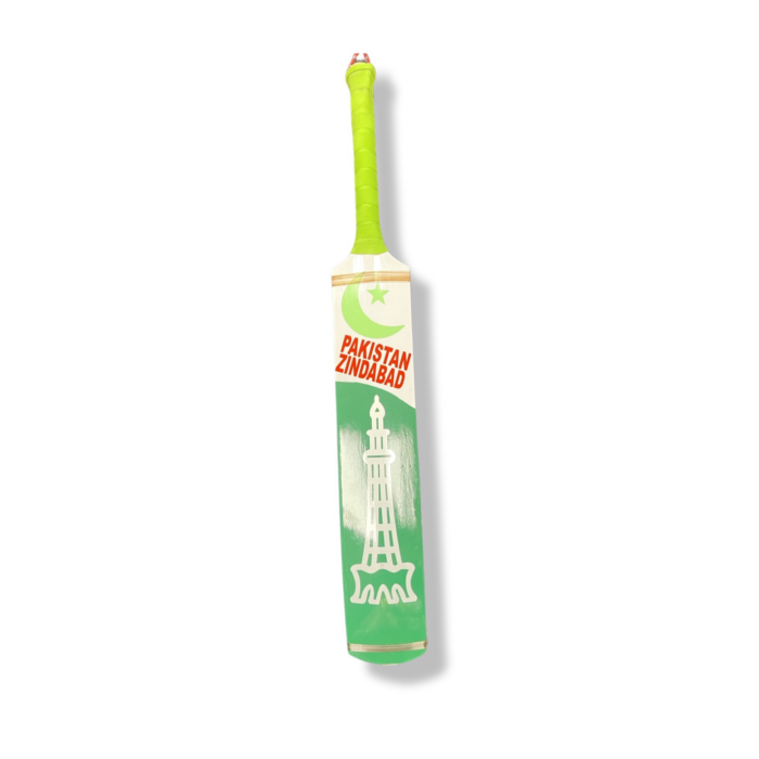 Zar Sports Tape Ball Cricket Bat with Rawalakot wood, green color, featuring Pakistani national emblem design, and offering superior performance for tape ball cricket.