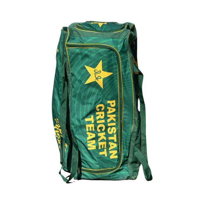 Pakistan Cricket Team Kit Bag with 164L capacity, sleek black design, multiple compartments, tractor wheels, and trolley handle for easy transport.